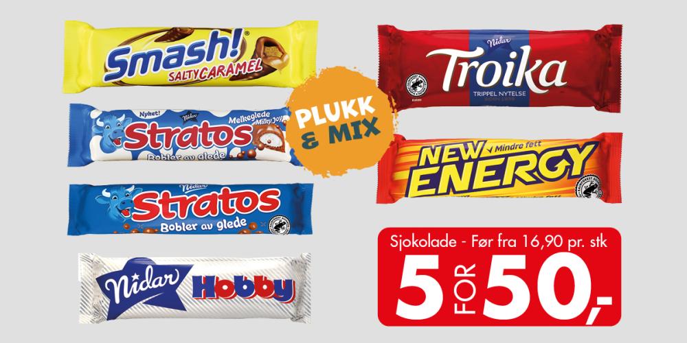 Sjokolade tilbud 5 for 50,-