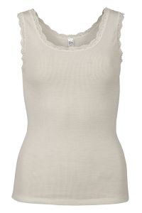 Eva Flora Singlet i merinoull med blondekant offwhite