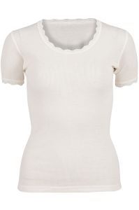 Eva Flora T-skjorte i merinoull med blondekant offwhite