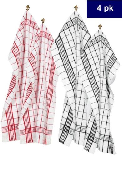 Hverdag kjøkkenhåndkle frotte 40x60cm 4pk hvit rødrutet og sortrutet