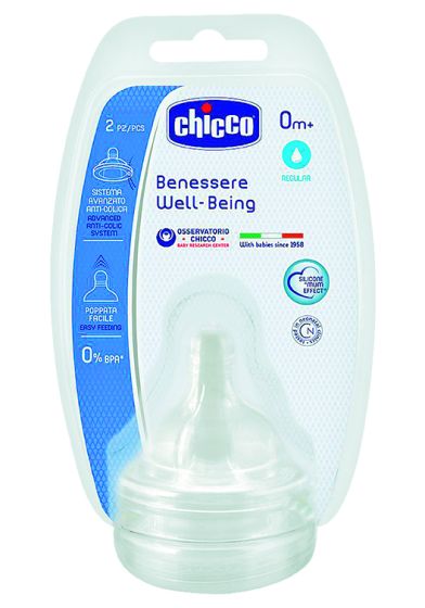 Chicco Wellbeing tåtesmokk i silikon Regular flow 2pk transparent