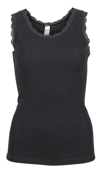 Eva Flora Singlet i merinoull med blondekant sort