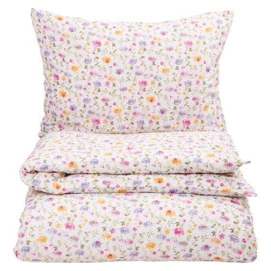 Sengesett Krepp Sommer Blomst 140x200 Hvit-pastell