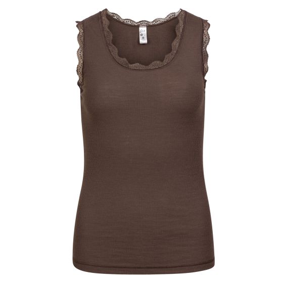 Flora Singlet i merinoull med blondekant Brun