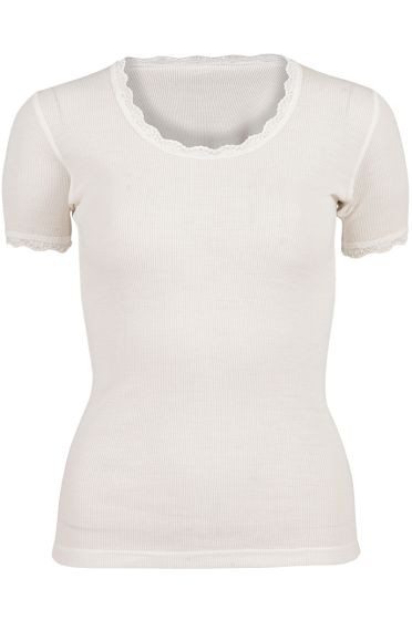 Eva Flora T-skjorte i merinoull med blondekant offwhite