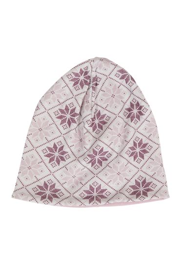 Varde ull lue 2lags med flott mønster. Vendbar rosa-grå