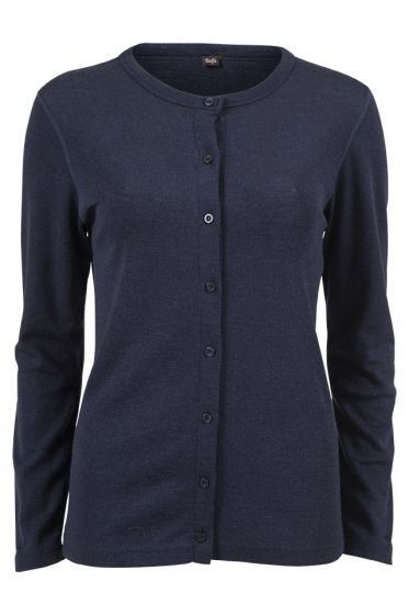 Super cardigan i 80% merinoull med knapper i samme farge. marine