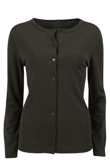 Super cardigan i 80% merinoull med knapper i samme farge. mosegrønn