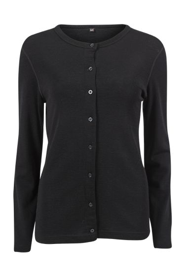 Super cardigan i 80% merinoull med knapper i samme farge. sort