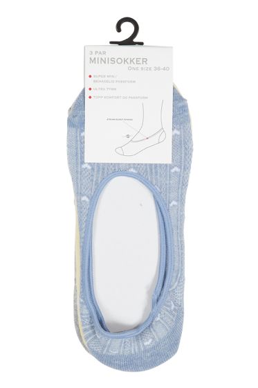Basic minisokker med hjertemotiv 3pk blå, grå og gul