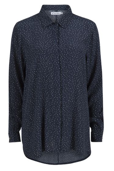 Curves lang bluse med print og krage marine