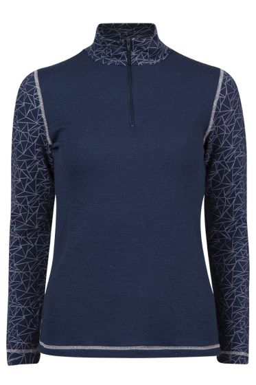 Eva Dahlia trøye med ziphals og print på erme marine