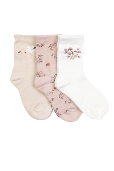 Sokker 3pk blomstermotiv Rosa-beige-offwhite