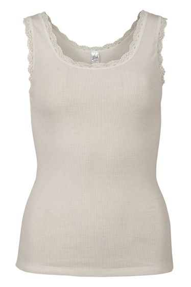 Eva Flora Singlet i merinoull med blondekant offwhite