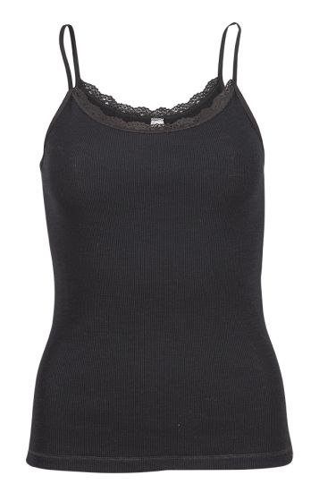 Eva Flora Singlet i ull med smale stropper og blondekant sort